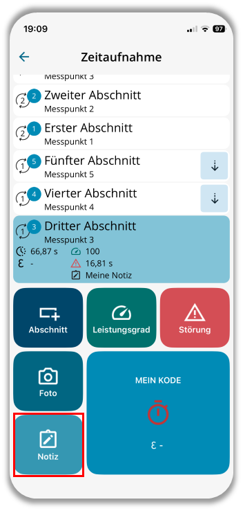 Notiz-Button in einem Abschnitt