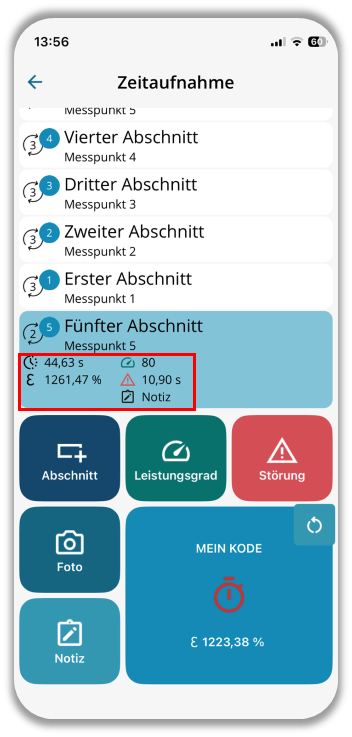 Live-Informationen eines Abschnitts innerhalb der Abschnittsliste