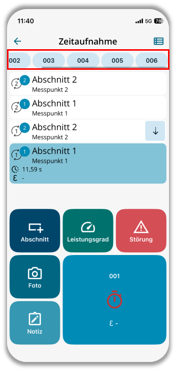 Wechsel zwischen Zeitstudien durch Nutzung desd Scrollbalkens