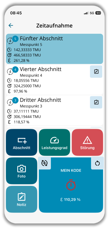 Abschnittsliste mit Aktionsmenü