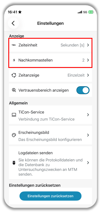 Zeiteinheiten und Nachkommastellen festlegen