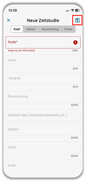 Kopftab mit hervorgehobenem Speicherbutton