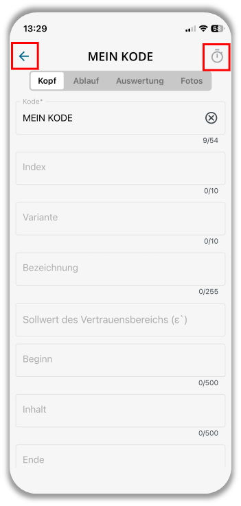 Kopftab mit hervorgehobenem Zurück-Button und Zeitaufnahme Button