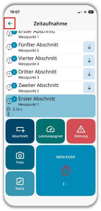 Während der Zeitaufnahme. Zurück-Pfeil markiert